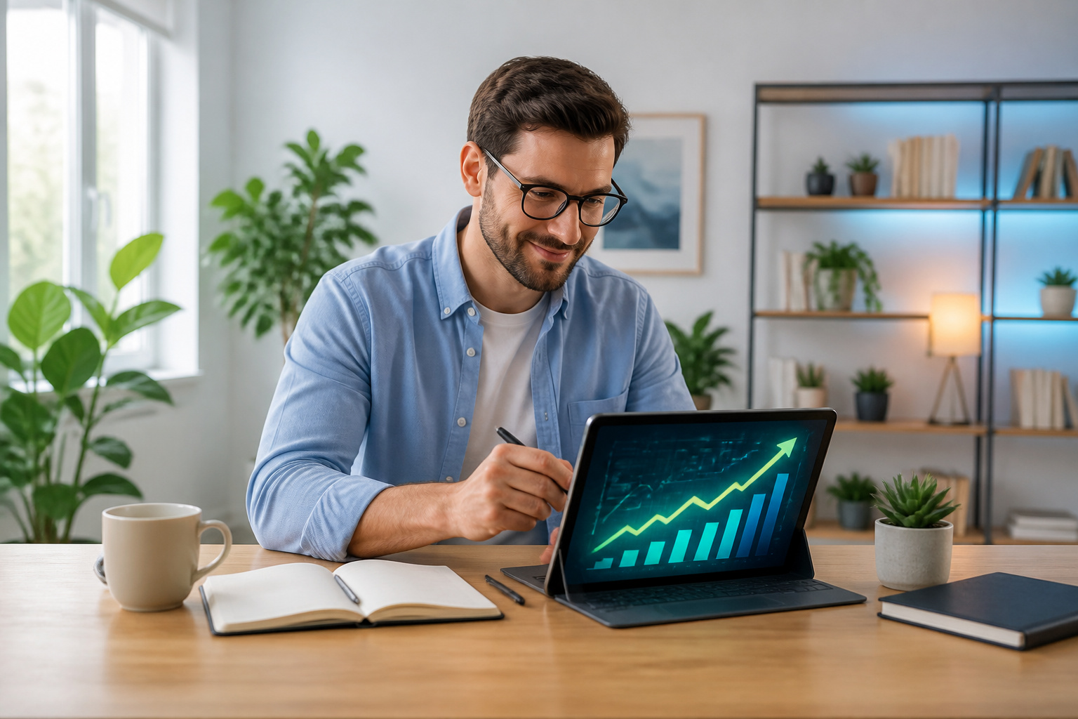 Entrepreneur souriant devant un ecran de croissance