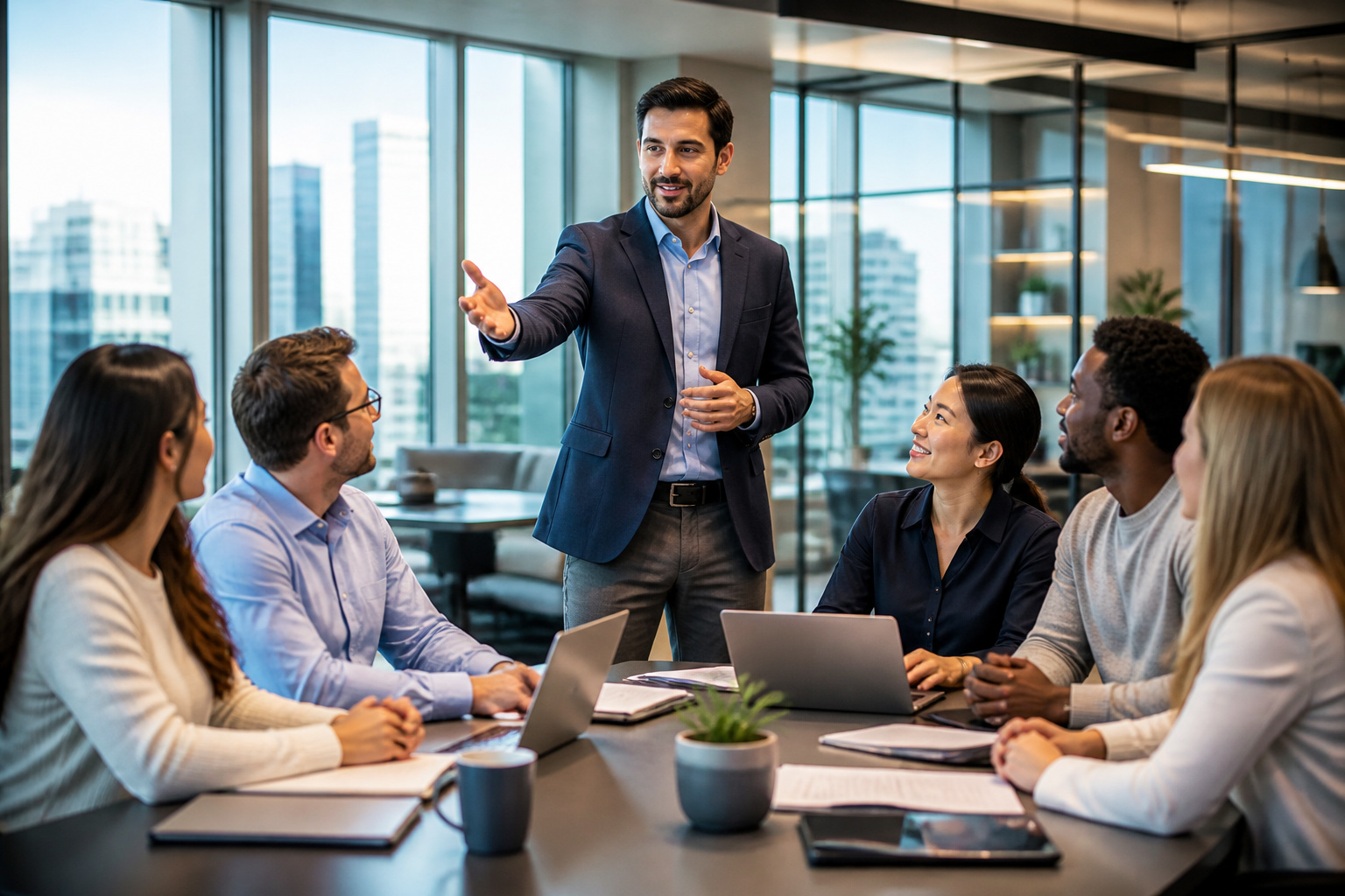 Leader inspirant dirige une equipe motivee