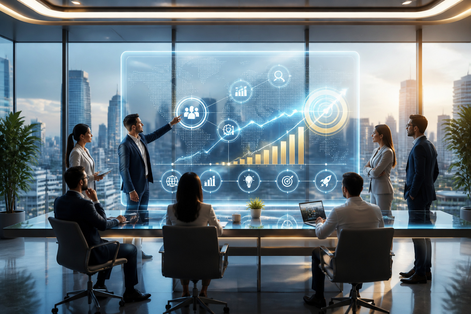 Futuriste reunion strategique sur ecran numerique