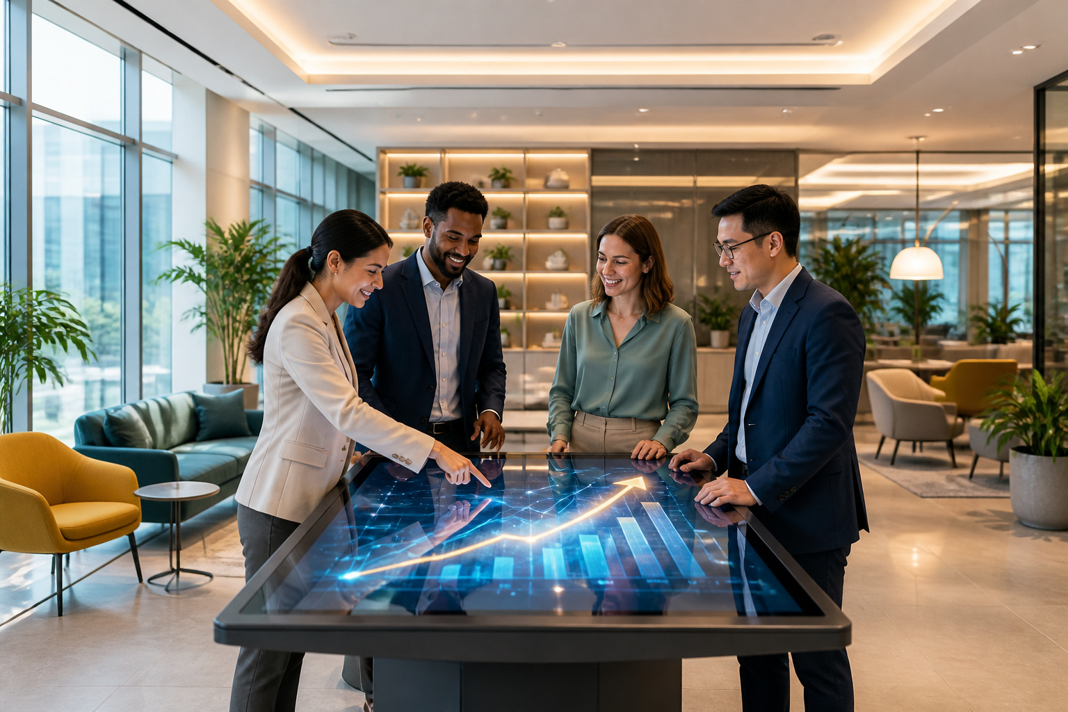 Equipe analysant des donnees sur ecran interactif