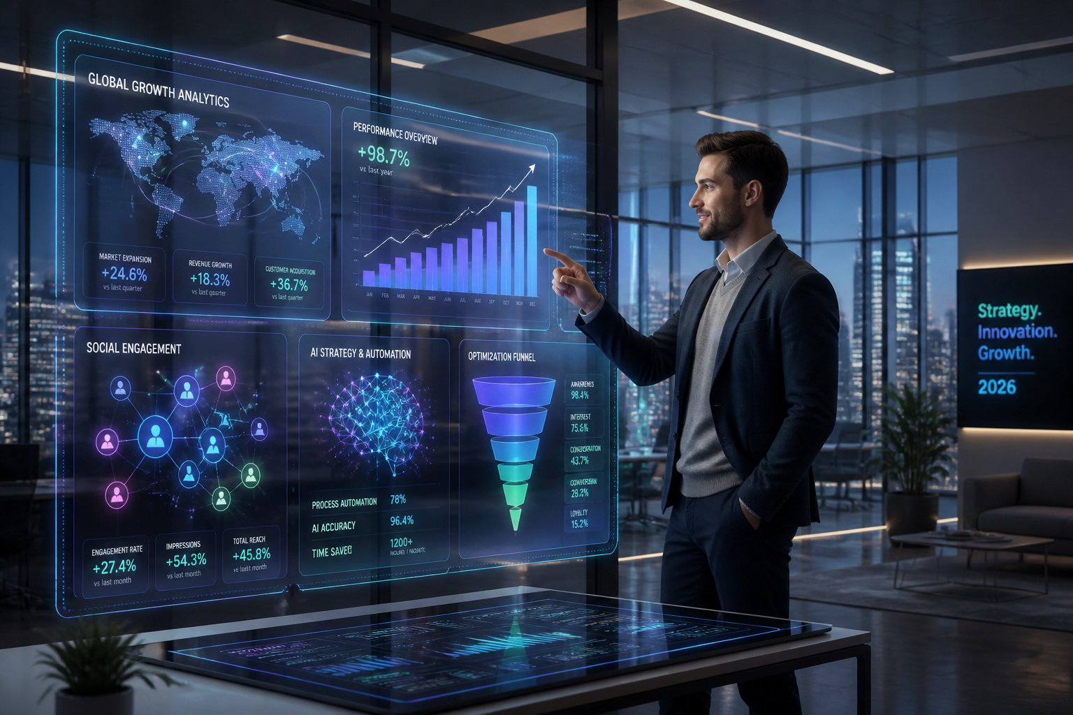 Professionnel analysant une interface holographique