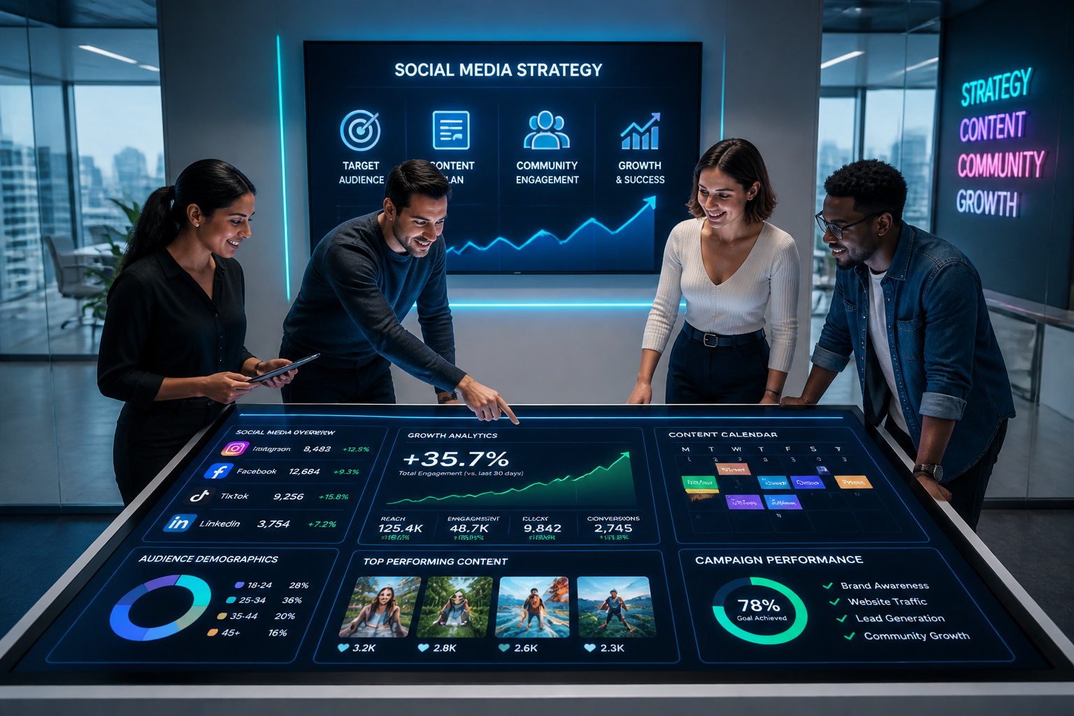 Equipe collaborant sur une strategie de medias sociaux