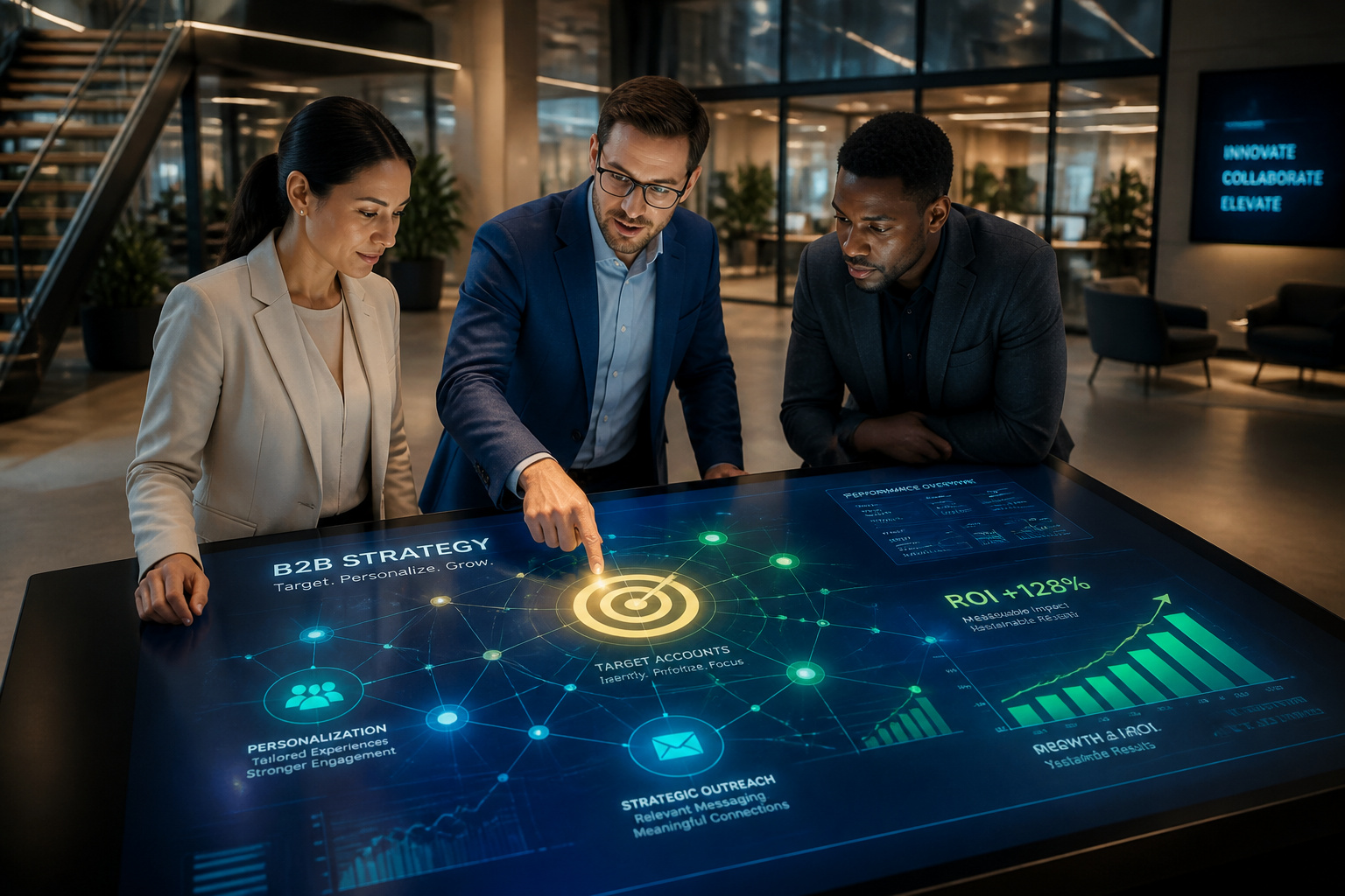 Equipe analysant une strategie b2b holographique