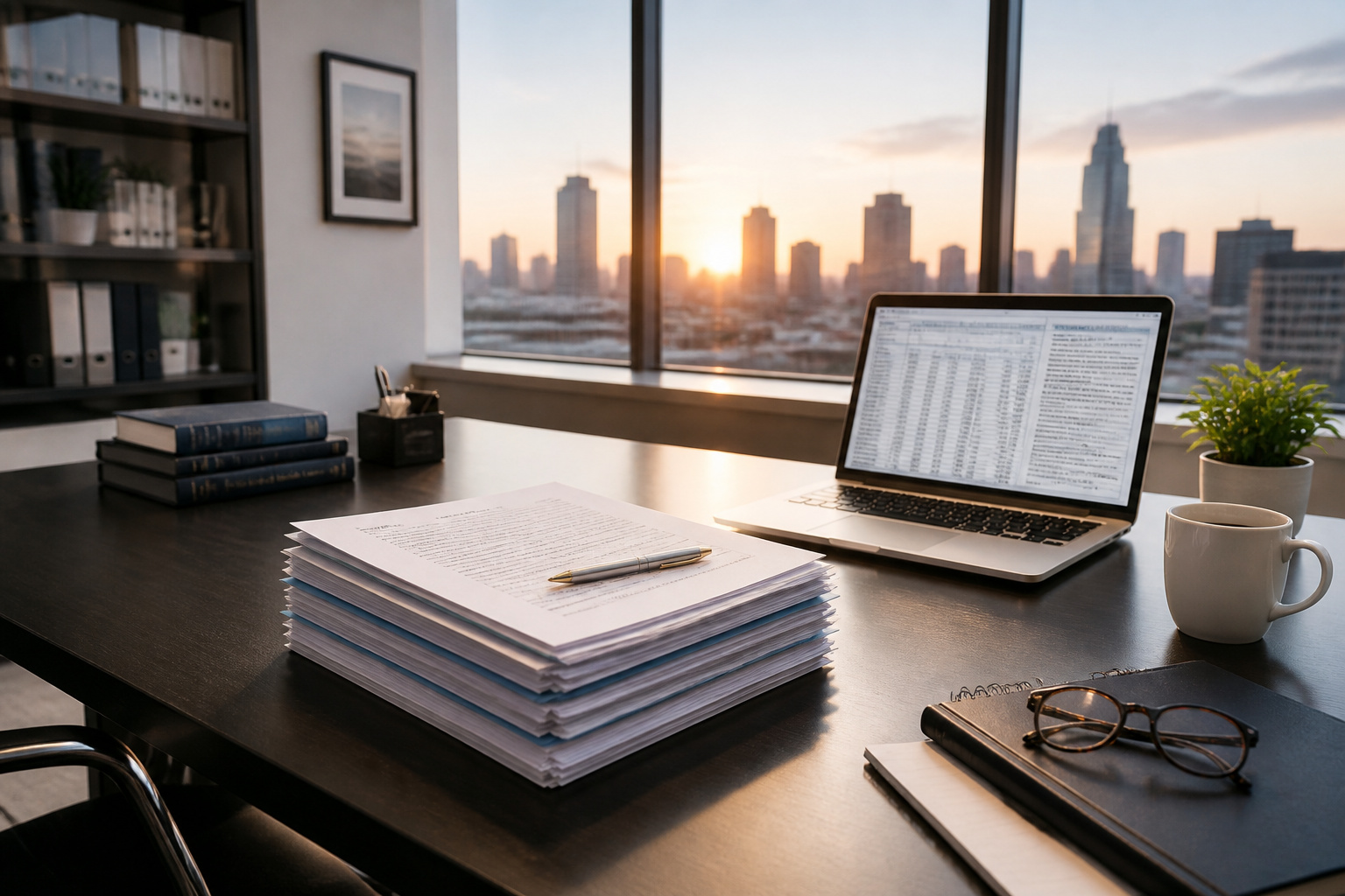 Bureau moderne avec vue sur la ville au lever du soleil