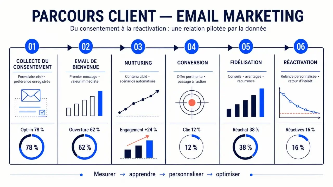 Schéma du parcours client en email marketing, de la collecte à la réactivation