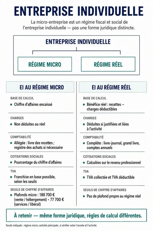 Infographie comparative entreprise individuelle ou micro entreprise : régime micro et régime réel
