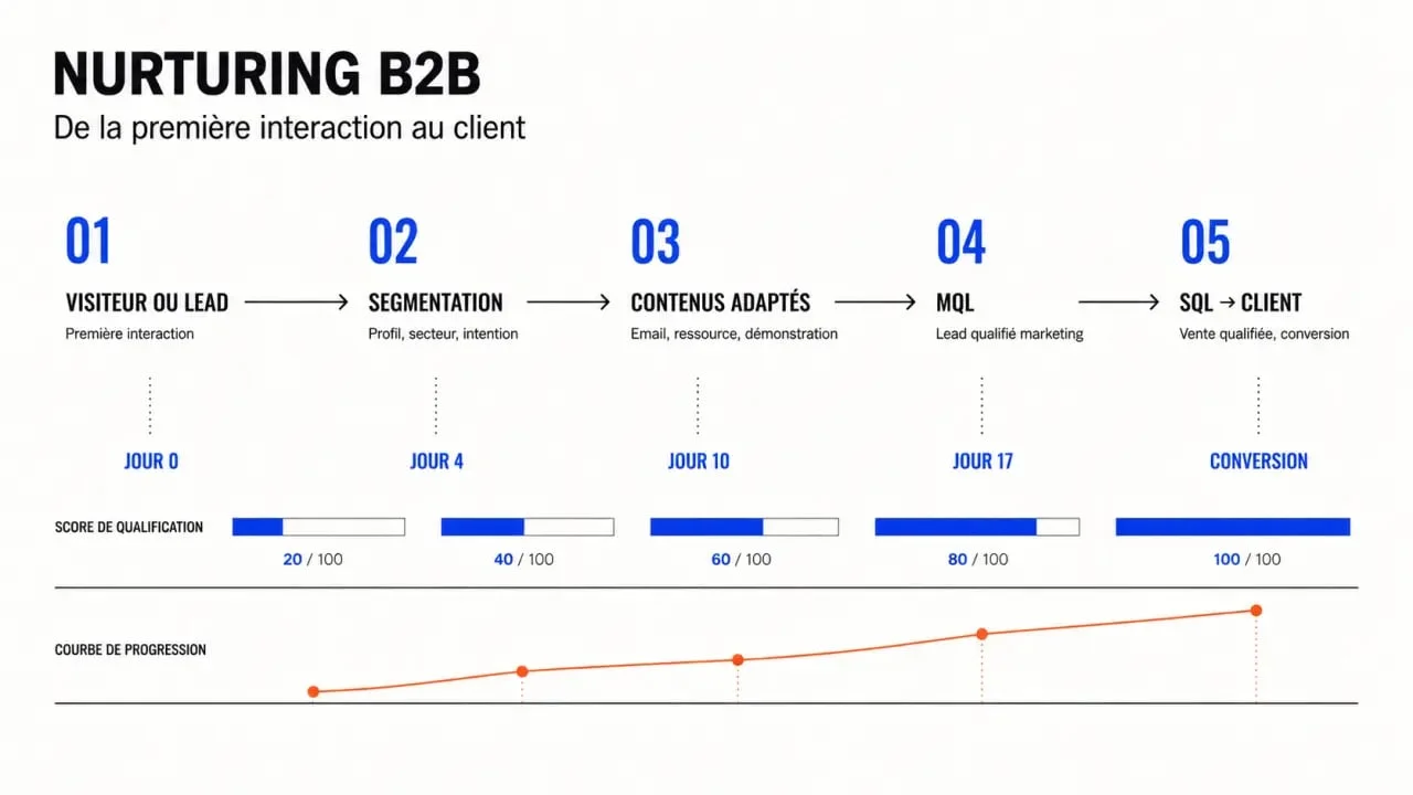 Infographie du parcours de nurturing marketing de la première interaction au client en B2B
