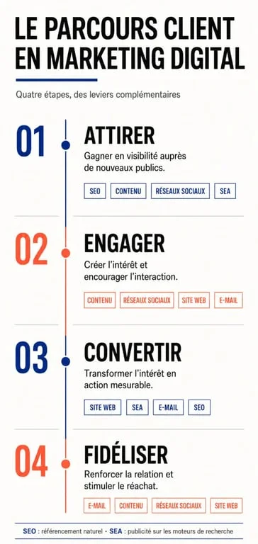 Infographie du marketing digital et des quatre étapes du parcours client