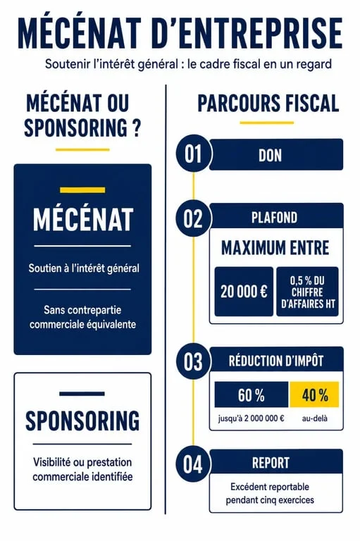 Infographie sur le mécénat d’entreprise, ses différences avec le sponsoring et le calcul de la réduction d’impôt