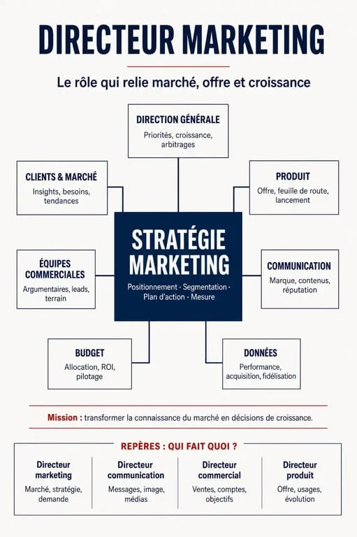 Infographie sur le métier de directeur marketing et ses responsabilités stratégiques
