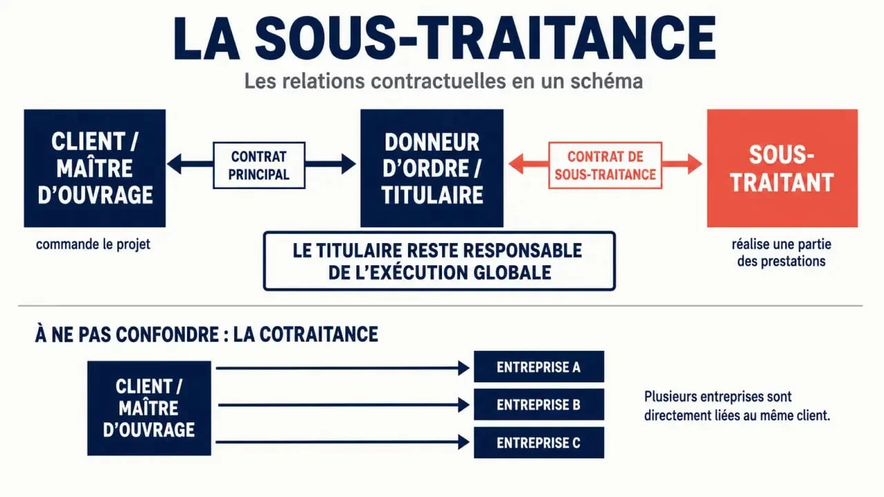 Infographie sur la sous-traitance définition et les relations entre client, titulaire et sous-traitant
