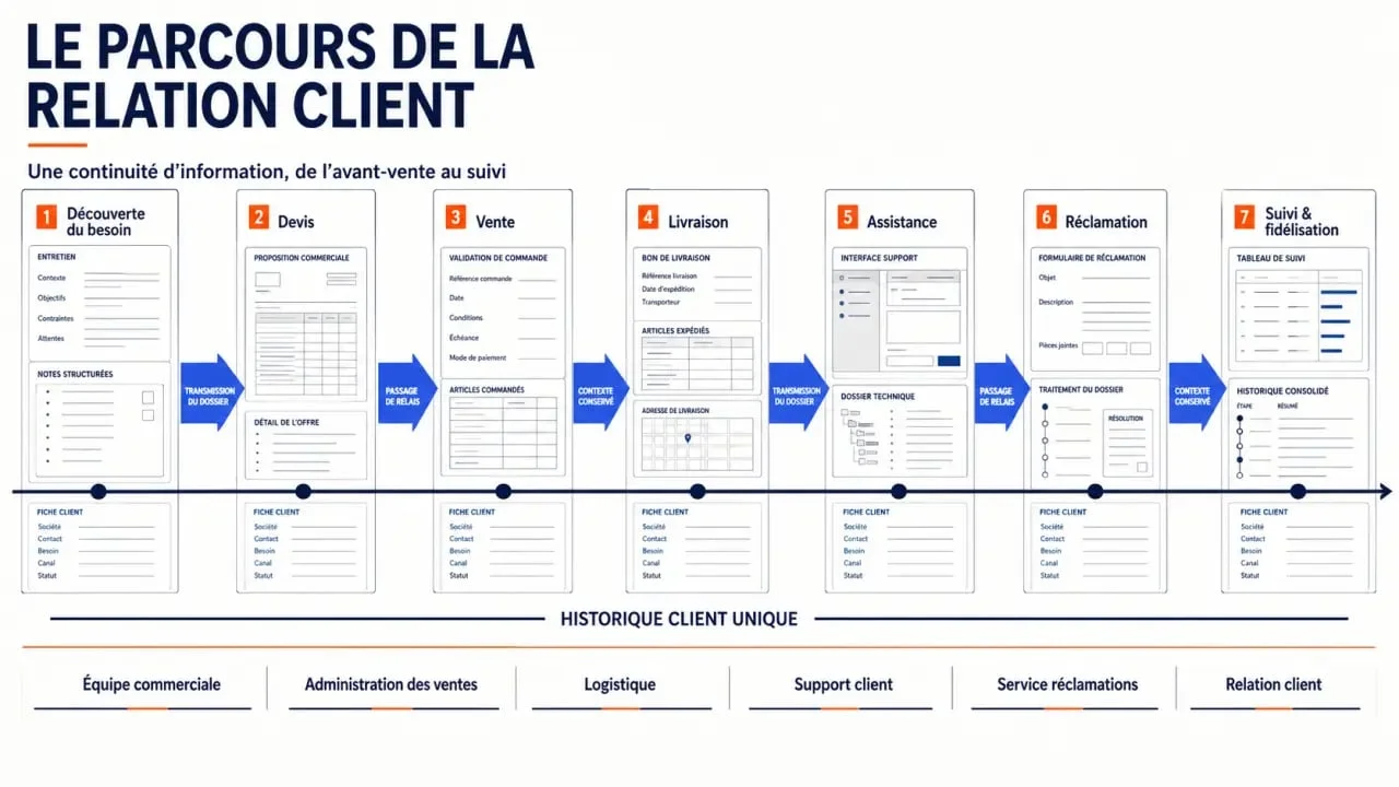 Schéma visuel du parcours de la relation client, de la vente au suivi après-vente